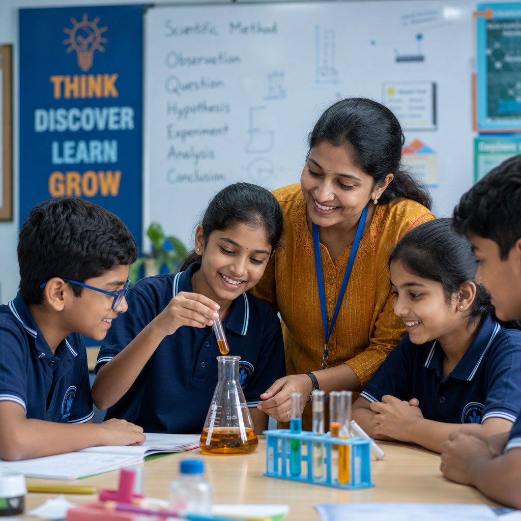 Students doing a hands-on Science experiment with their teacher at Usha Tutorials
