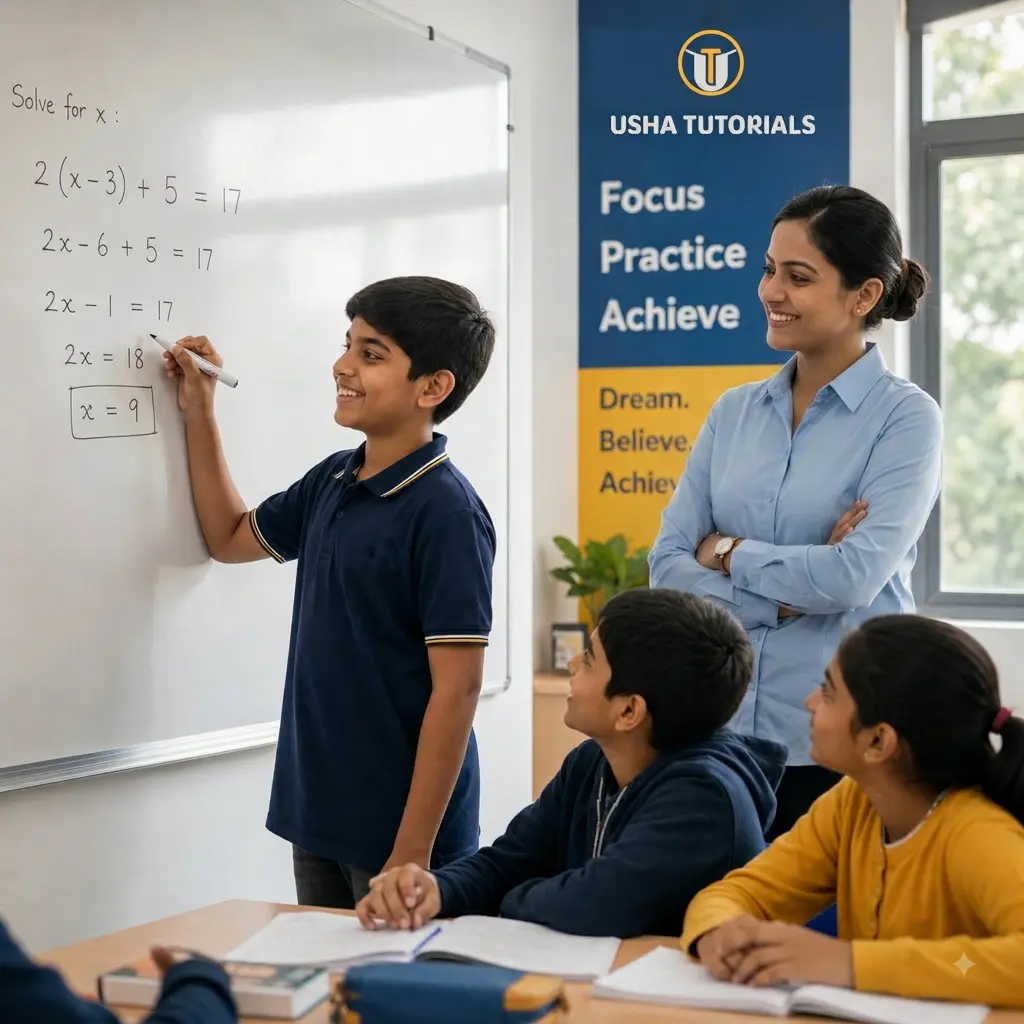 A student confidently solving a Maths problem on the whiteboard at Usha Tutorials