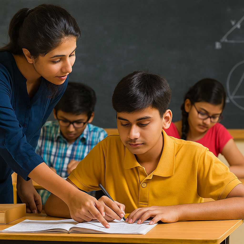 Teacher supporting a student during a lesson